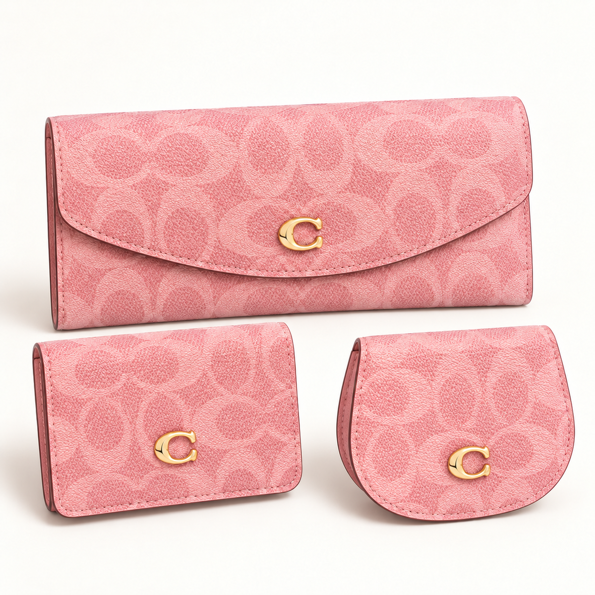 طقم محافظ كوتش وردي — ٣ قطع 🌸 Coach Pink Signature Wallet Set — 3 Pieces