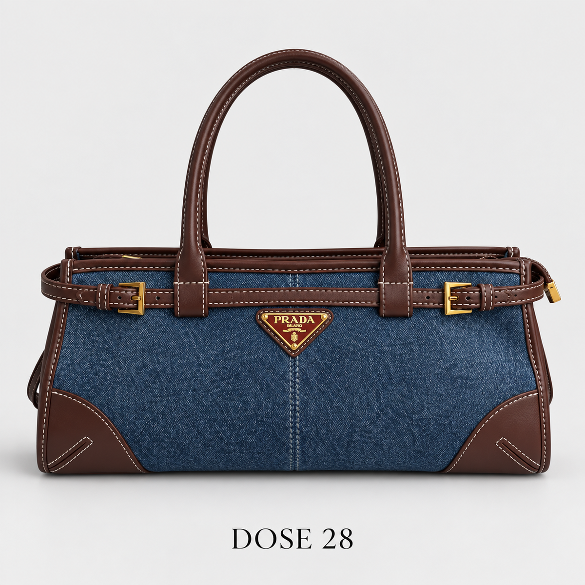 جنطة برادا بوني جينز أزرق بتفاصيل بنية     Prada Bonnie Blue Denim Bag with Brown Trim