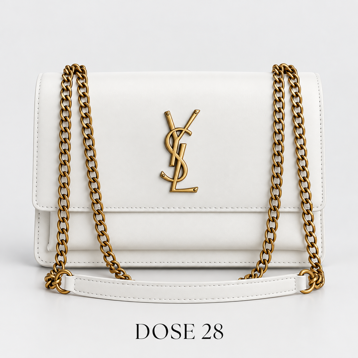 جنطة سان لوران سانسيت بيضاء بسلسلة ذهبية Saint Laurent Sunset White Chain Shoulder Bag