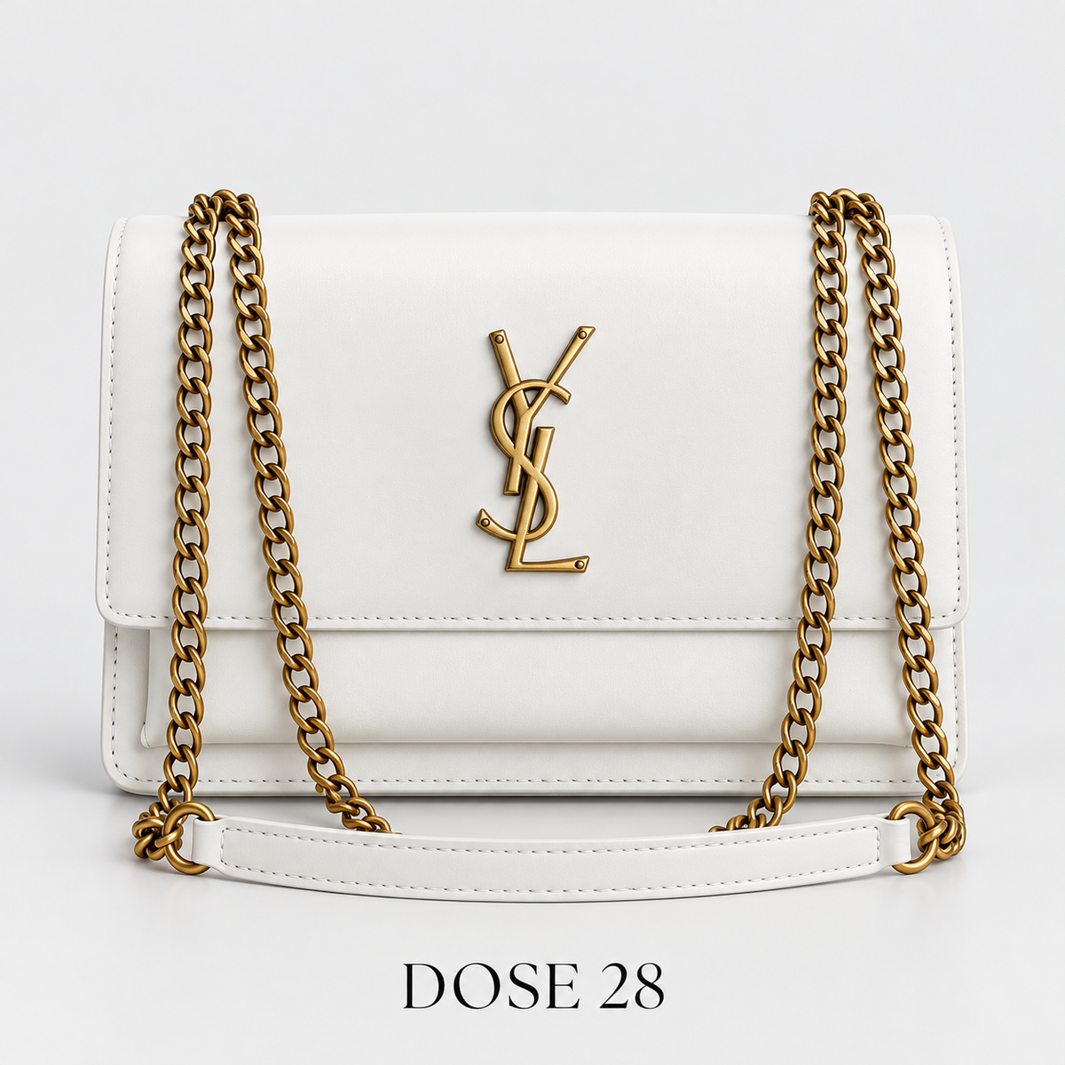 جنطة سان لوران سانسيت بيضاء بسلسلة ذهبية Saint Laurent Sunset White Chain Shoulder Bag