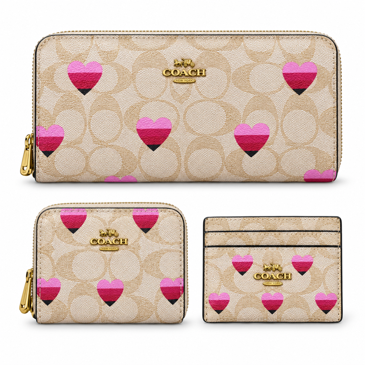 طقم محافظ كوتش بنقشة القلوب — ٣ قطع Coach Heart Print Wallet Set — 3 Pieces