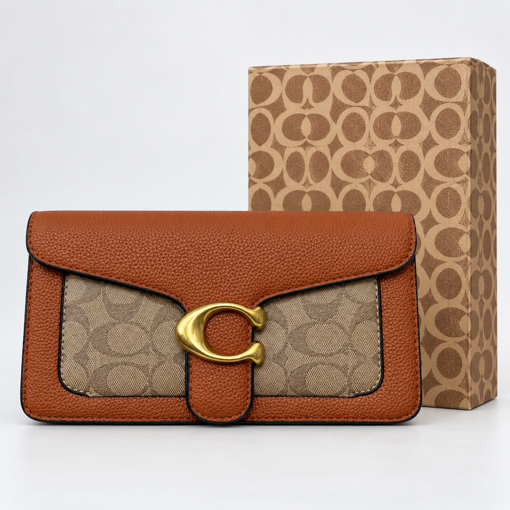 شنطة كوتش تابي – عسلي ونقشة بيج | Coach Tabby Bag – Cognac & Beige Pattern