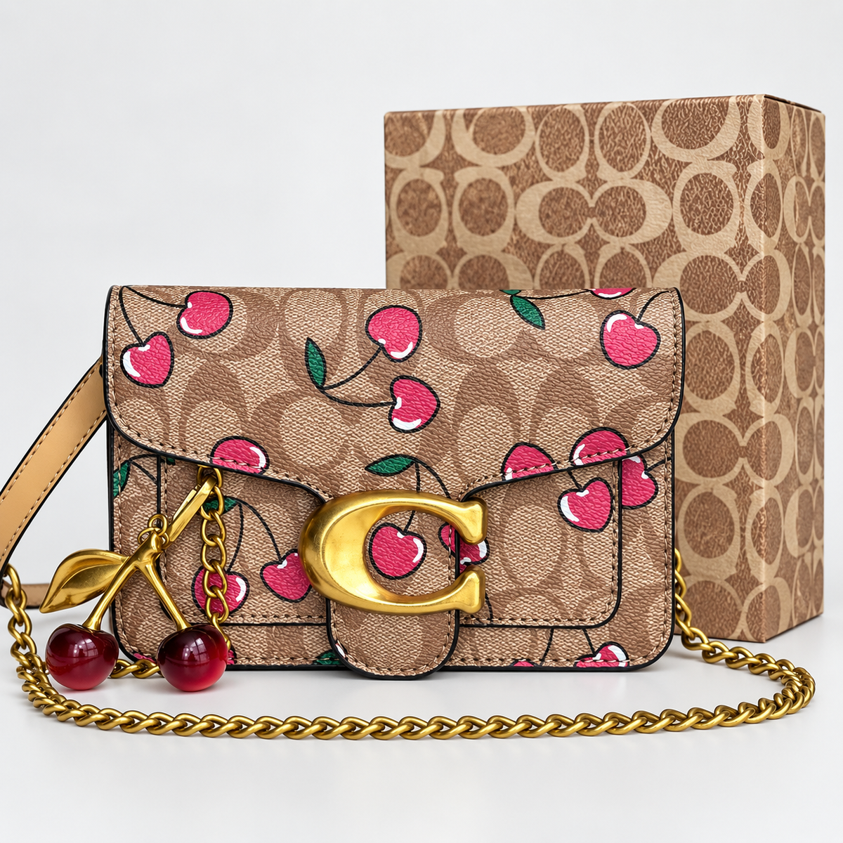 شنطة كوتش تابي ميني – بيج بنقشة الكرز | Coach Tabby Mini Bag – Beige Cherry Print