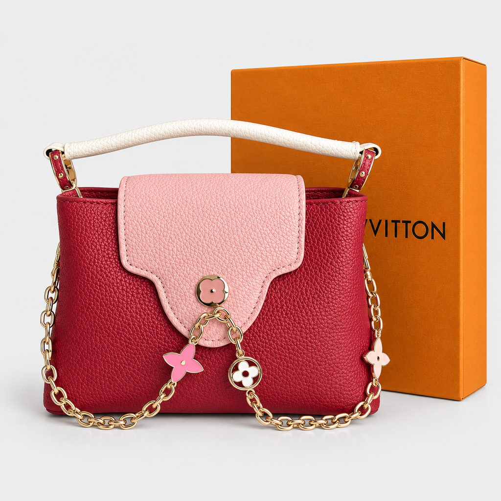 جنطة إل ڤي ستايل كابوسين — عنابي ووردي LV Capucines-Style Bag — Burgundy & Pink