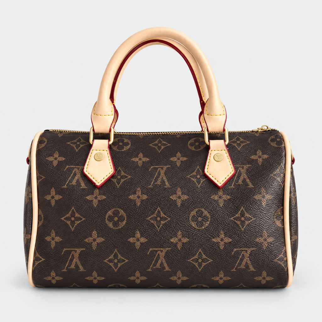 جنطة إل ڤي ستايل سبيدي مونوغرام — بني بمسكات بيج فاتح LV Speedy-Style Monogram Bag — Brown with Light Beige Handles