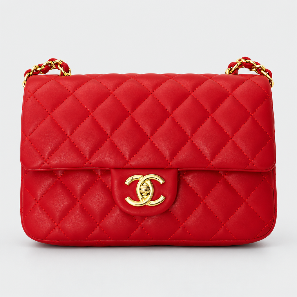 Chanel Classic Flap-Style Quilted Bag — Red with Gold-Tone Details حقيبة شانيل بنمط كلاسيك فلاب حمراء مبطنة بتفاصيل ذهبية