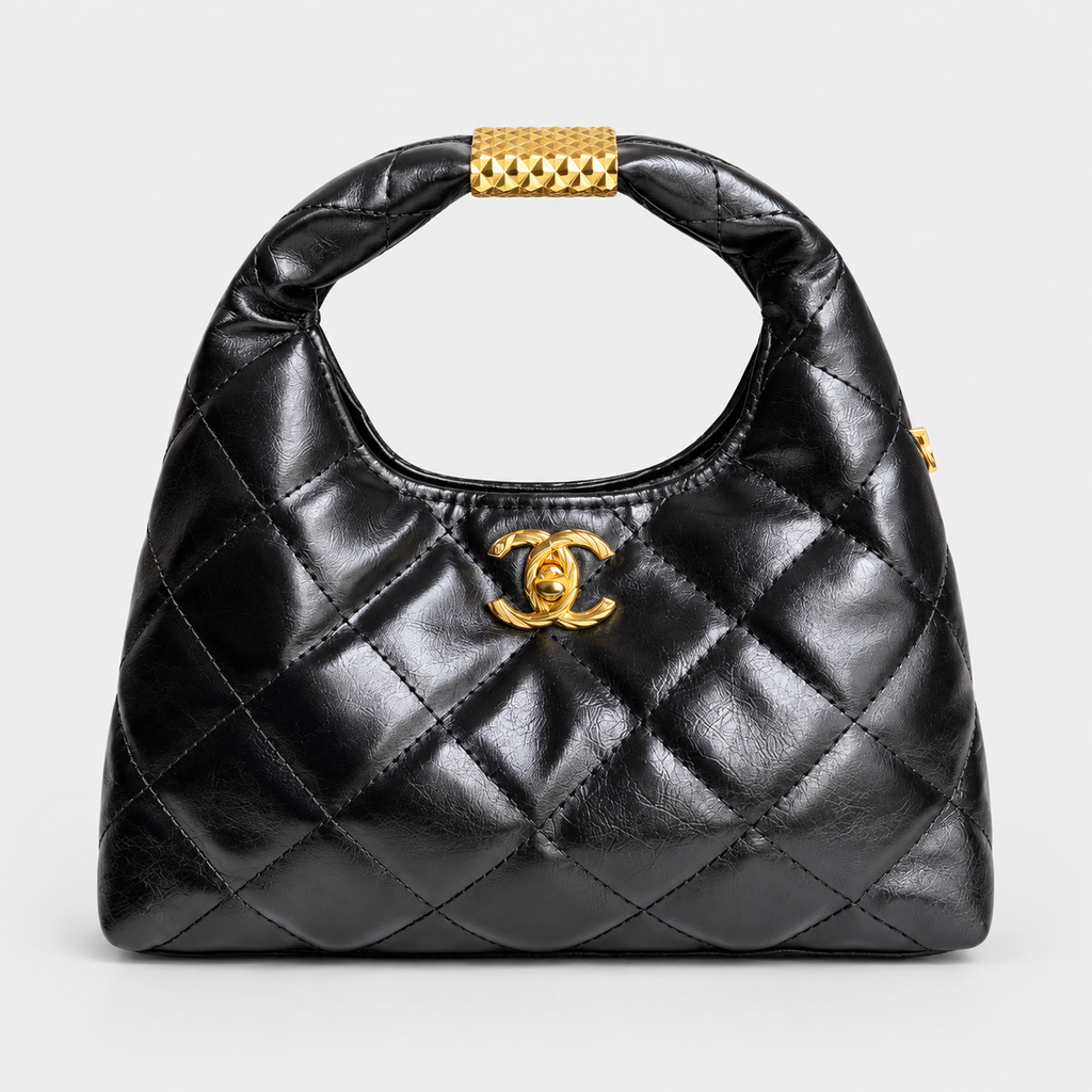 Chanel Quilted Black Hobo-Style Bag with Gold-Tone Handle Accent حقيبة شانيل سوداء مبطنة بنمط هوبو مع زينة ذهبية على المقبض