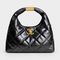 Chanel Quilted Black Hobo-Style Bag with Gold-Tone Handle Accent حقيبة شانيل سوداء مبطنة بنمط هوبو مع زينة ذهبية على المقبض