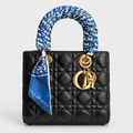 Dior Lady Dior Black Cannage Bag with Blue-and-White Handle Scarf  حقيبة ديور ليدي ديور سوداء بنقشة كاناج ووشاح أزرق وأبيض على المقبض