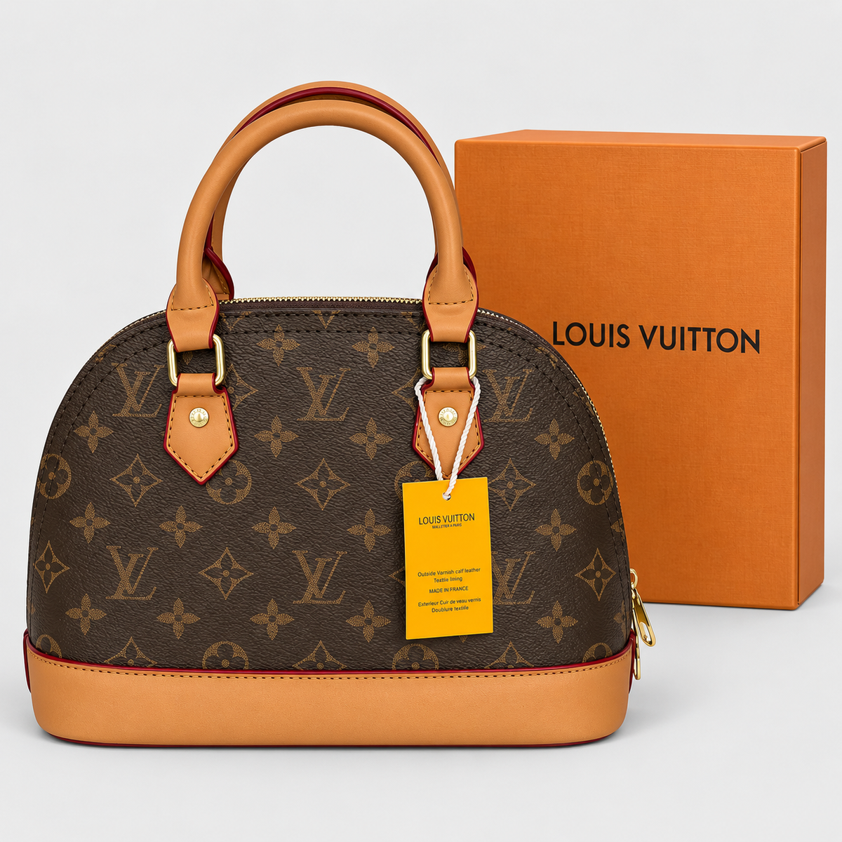Louis Vuitton Alma Monogram Bag — Brown with Tan Trim   حقيبة لويس مونوغراميتون ألما مونوغرام بنية بتفاصيل عسلية: