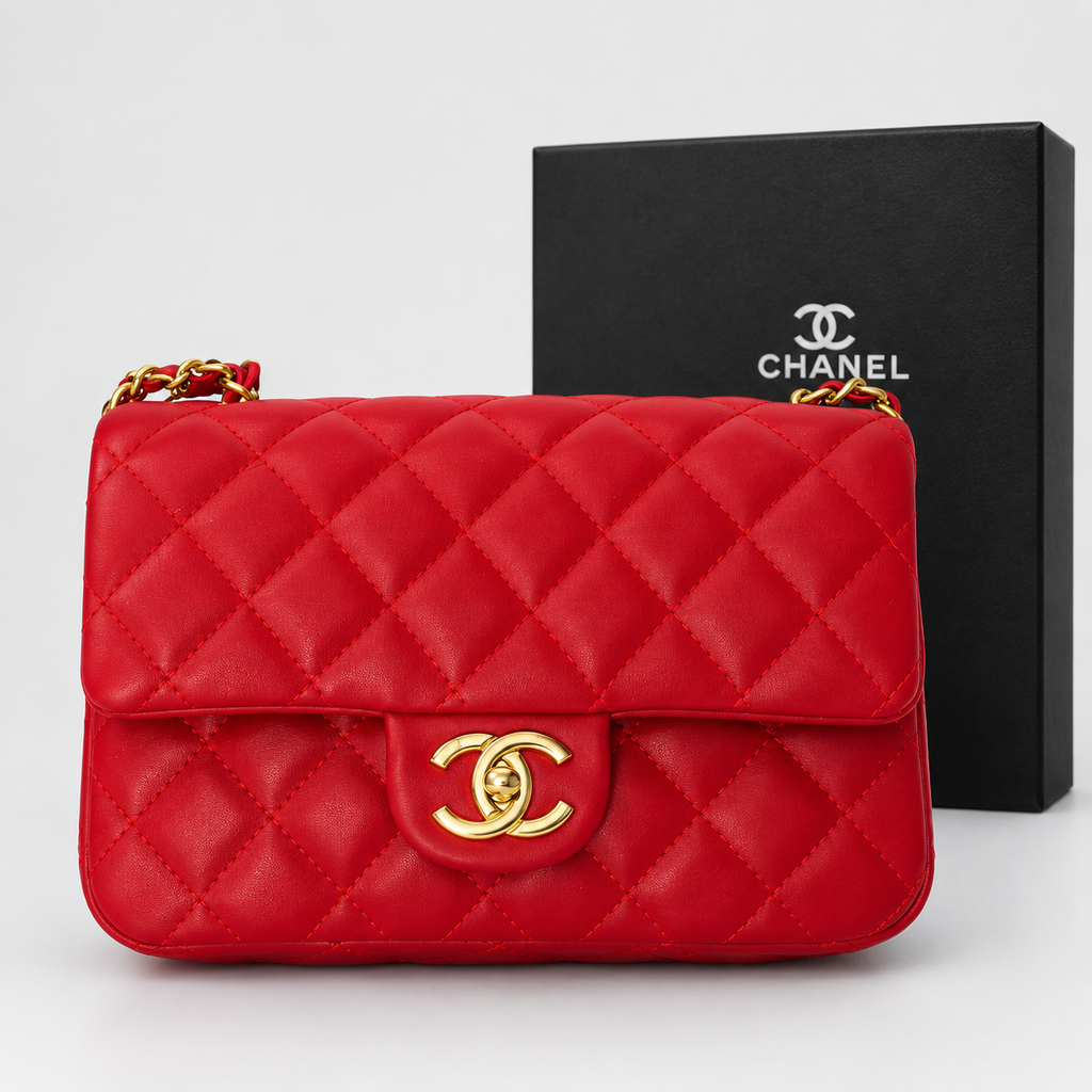 Chanel Classic Flap-Style Quilted Bag — Red with Gold-Tone Details حقيبة شانيل بنمط كلاسيك فلاب حمراء مبطنة بتفاصيل ذهبية