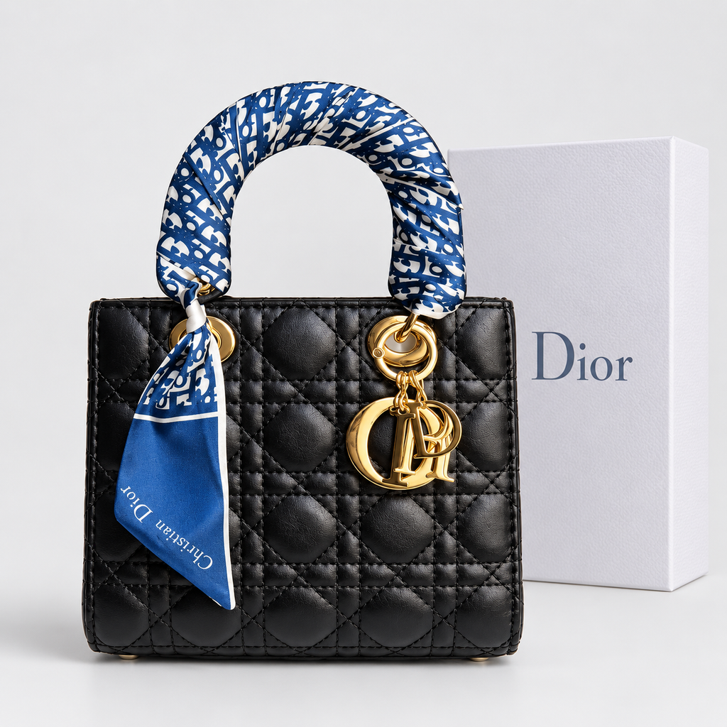 Dior Lady Dior Black Cannage Bag with Blue-and-White Handle Scarf  حقيبة ديور ليدي ديور سوداء بنقشة كاناج ووشاح أزرق وأبيض على المقبض