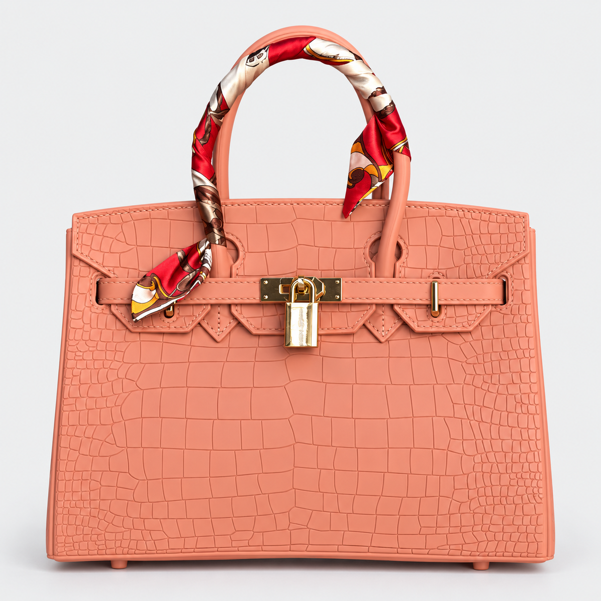جنطة بتصميم بيركن ونقشة تمساح – خوخي مع سكارف Birkin-Style Croc-Effect Handbag – Peach with Scarf