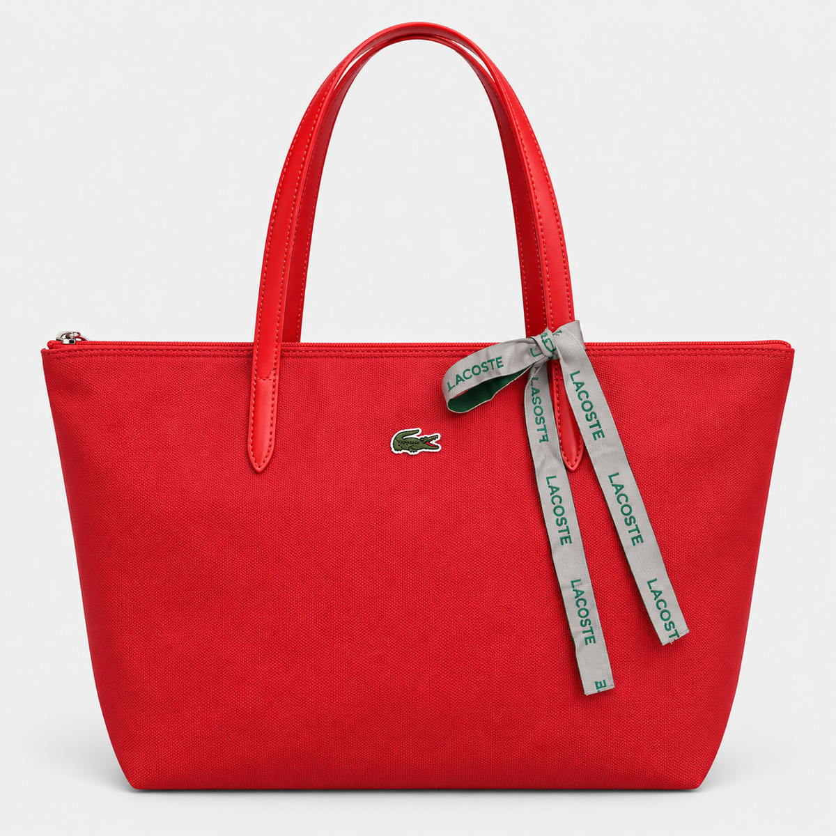 جنطة لاكوست توت – أحمر مع ربطة بشعار البراند Lacoste Tote Bag – Red with Logo Ribbon