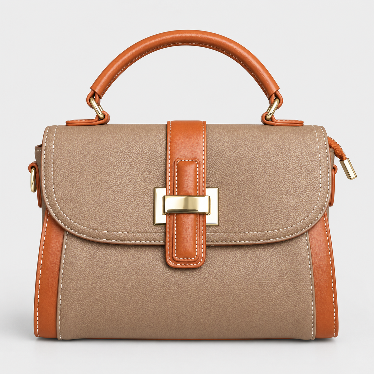 جنطة يد كلاسيكية بلونين – بيج وجملي Classic Two-Tone Top-Handle Bag – Beige & Camel