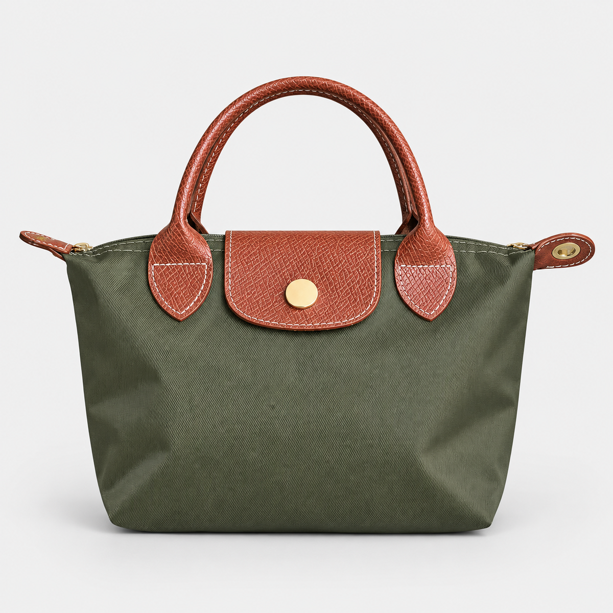 جنطة يد بتصميم لو بلياج – زيتي بمقابض بنية LONGCHAMP Le Pliage-Style Top-Handle Bag – Olive & Brown