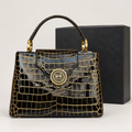 جنطة يد سوداء بحزام وقفل ذهبي Black Belted Top Handle Bag with Gold-Tone Lock