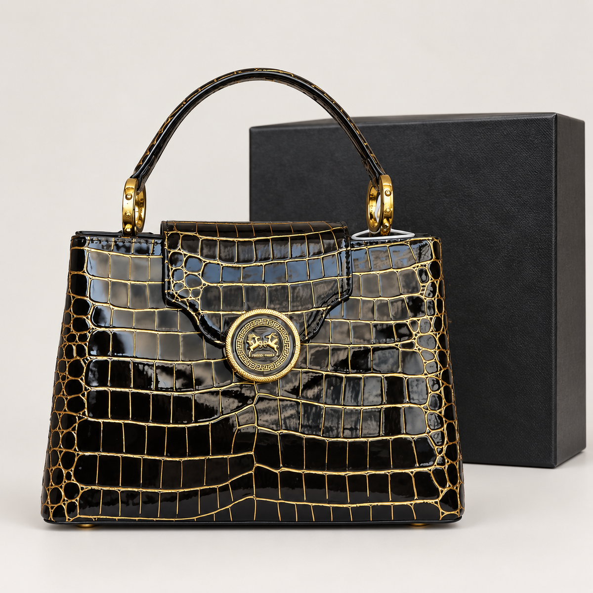 جنطة يد سوداء بحزام وقفل ذهبي Black Belted Top Handle Bag with Gold-Tone Lock