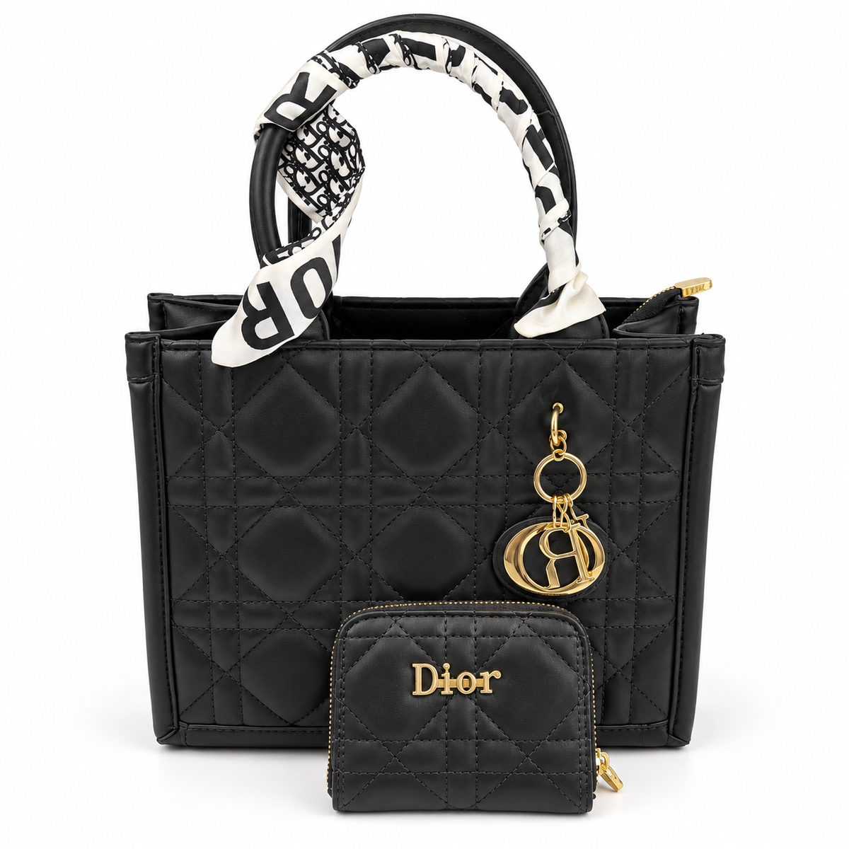 Dior Quilted Tote &amp; Wallet Set – Black with Handle Scarf   طقم شنطة ديور مبطّنة ويا محفظة ووشاح – أسود