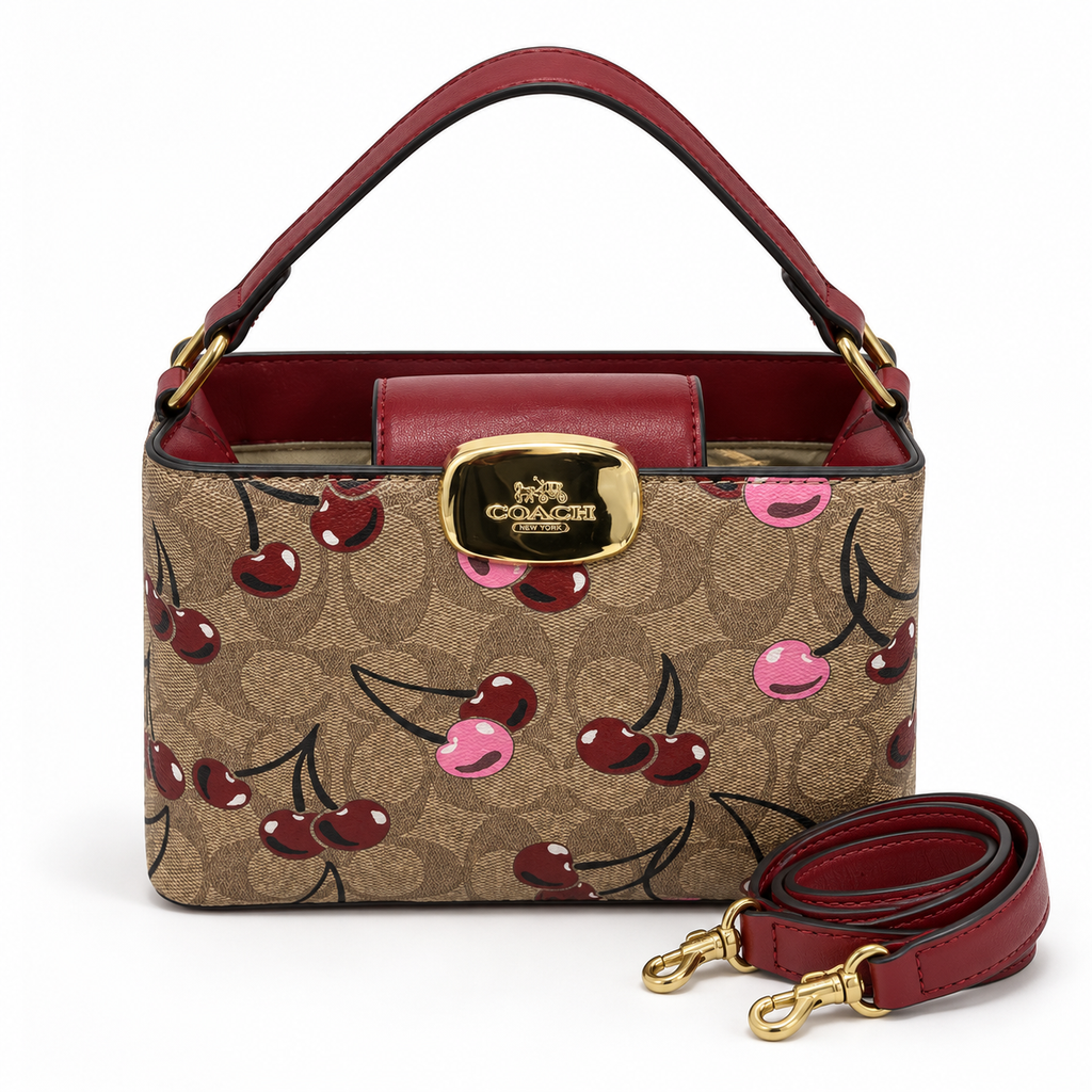 شنطة كوتش مونوغرام بنقشة الكرز – بني وعنابي Coach Cherry Print Top-Handle Bag – Brown &amp; Burgundy