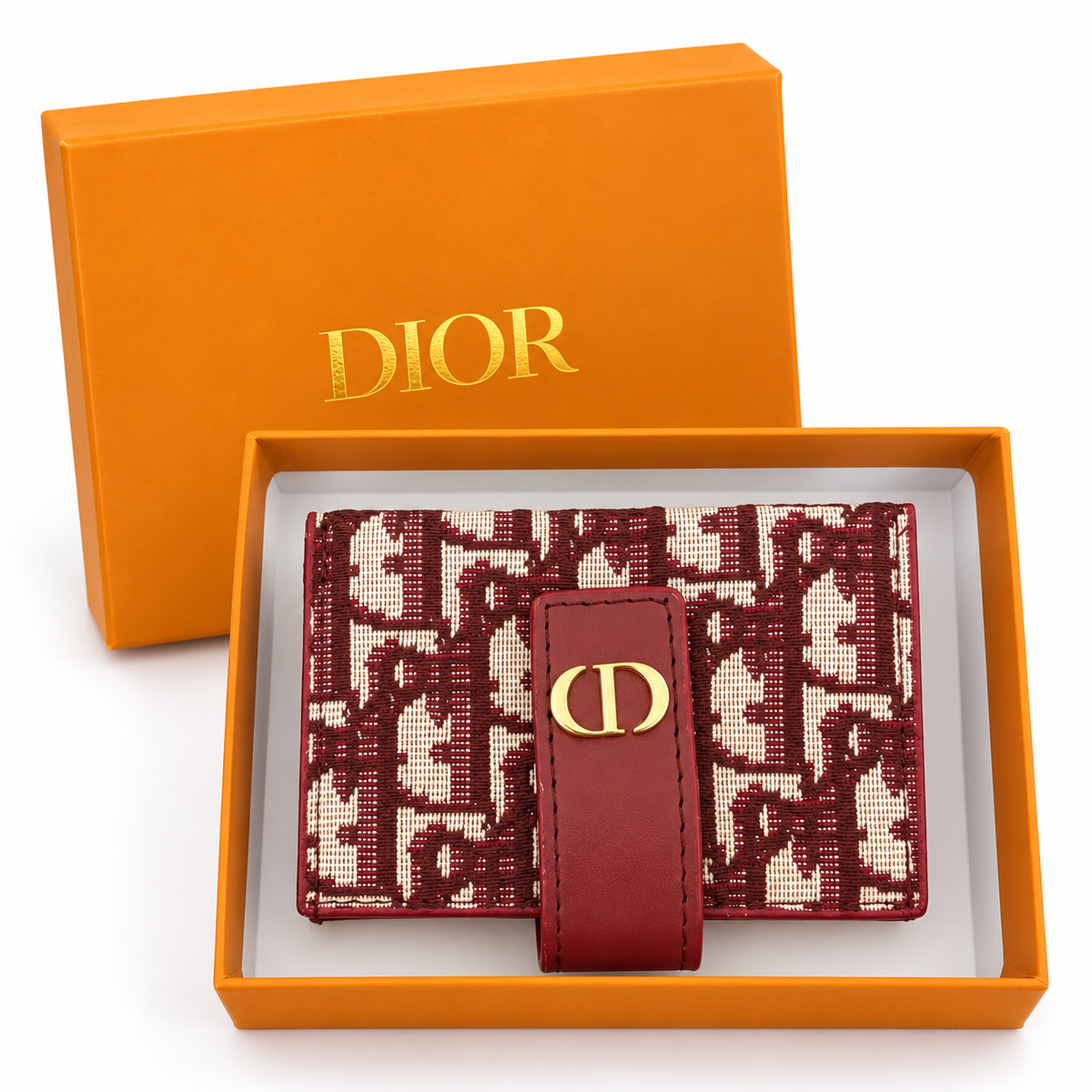 محفظة ديور مونوغرام صغيرة – خمري وكريمي  Dior Monogram Compact Wallet – Burgundy &amp; Cream