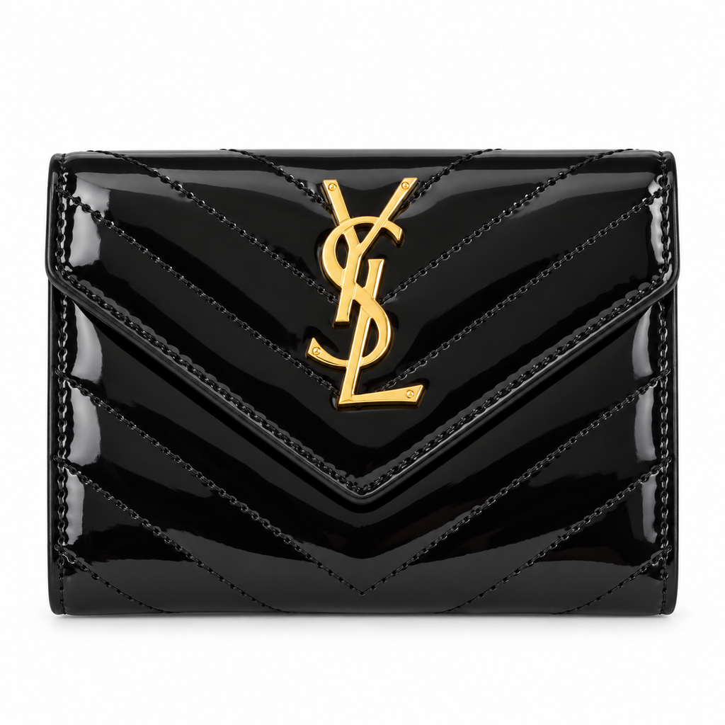 Saint Laurent Glossy Envelope Wallet – Black محفظة سان لوران لامعة بغطاء ظرف – أسود