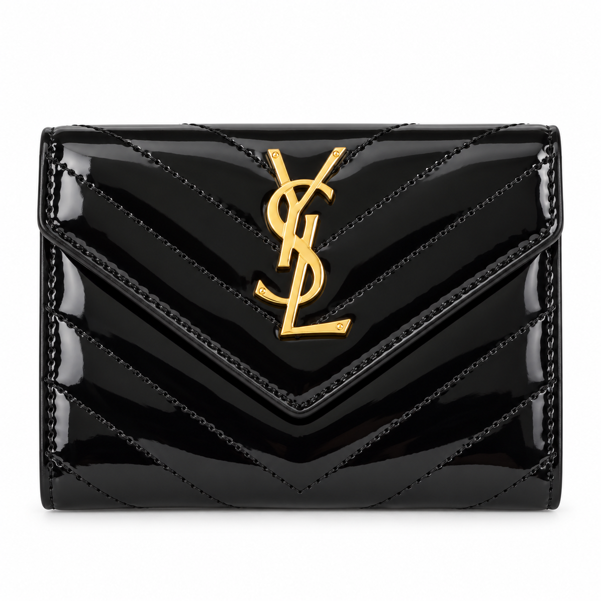 Saint Laurent Glossy Envelope Wallet – Black محفظة سان لوران لامعة بغطاء ظرف – أسود