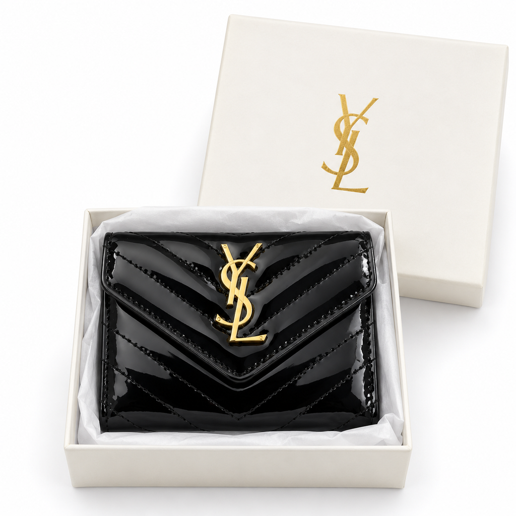 Saint Laurent Glossy Envelope Wallet – Black محفظة سان لوران لامعة بغطاء ظرف – أسود