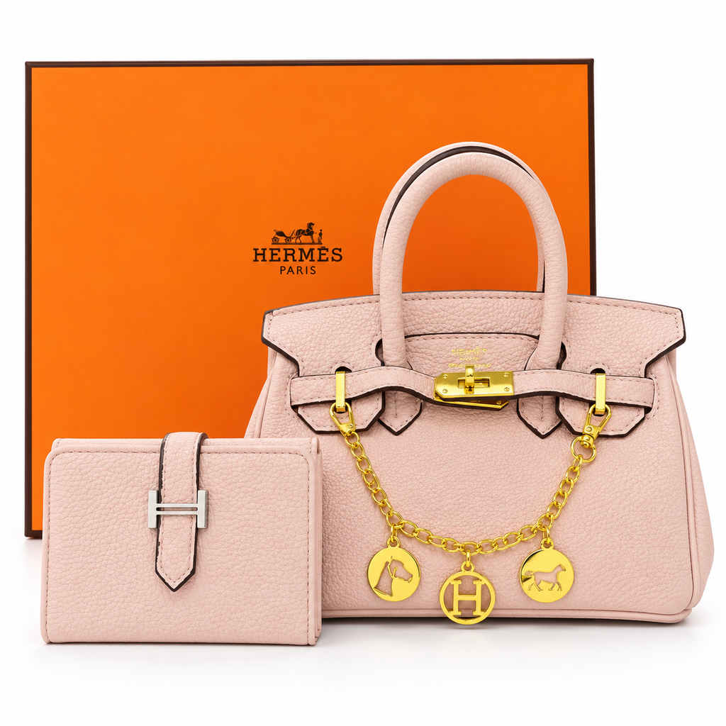 طقم شنطة هيرميس ويا محفظة – وردي فاتح Hermès Handbag  Wallet Set – Blush Pink