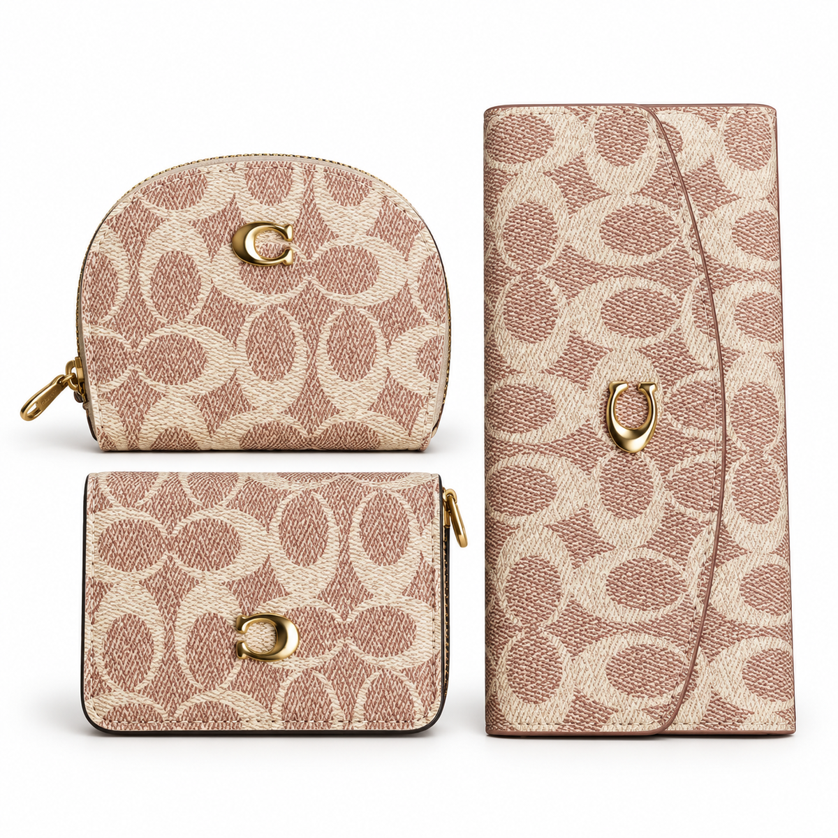 طقم محافظ كوتش مونوغرام 3 قطع – بيج ووردي Coach Monogram 3-Piece Wallet Set – Beige &amp; Rose