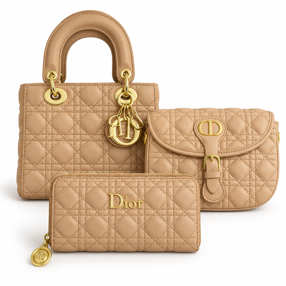 Dior Quilted 3-Piece Set – Beige طقم ديور مبطّن 3 قطع – بيج