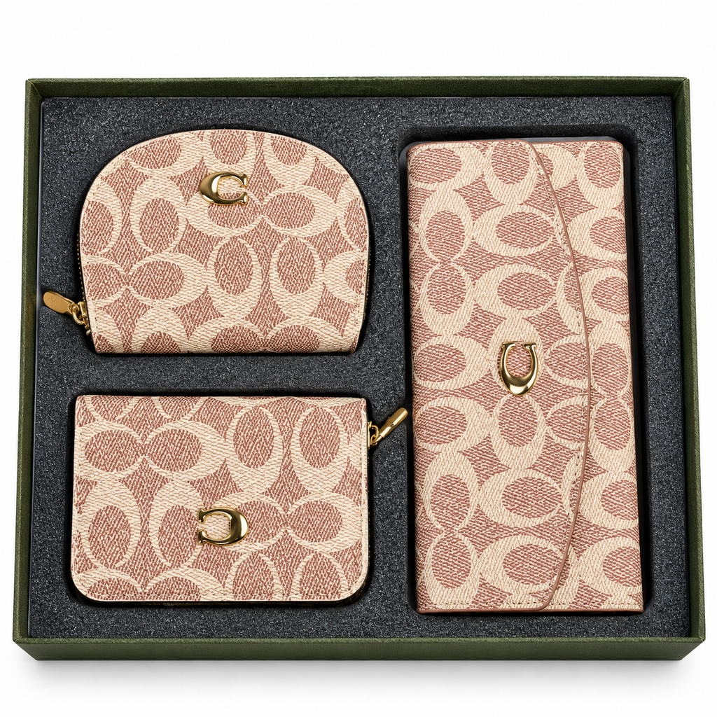 طقم محافظ كوتش مونوغرام 3 قطع – بيج ووردي Coach Monogram 3-Piece Wallet Set – Beige &amp; Rose