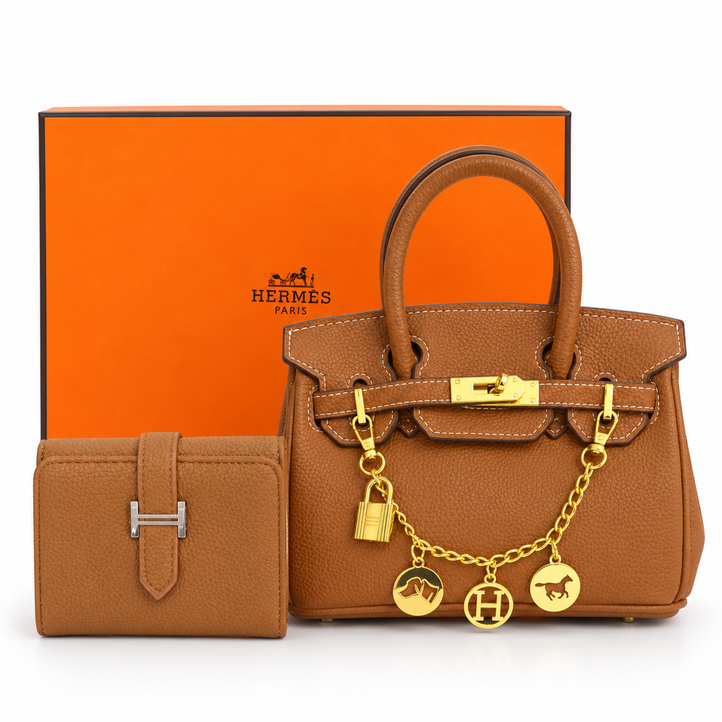 Hermès Handbag &amp; Wallet Set – Caramel Brown  طقم شنطة هيرميس ويا محفظة – بني كراميل