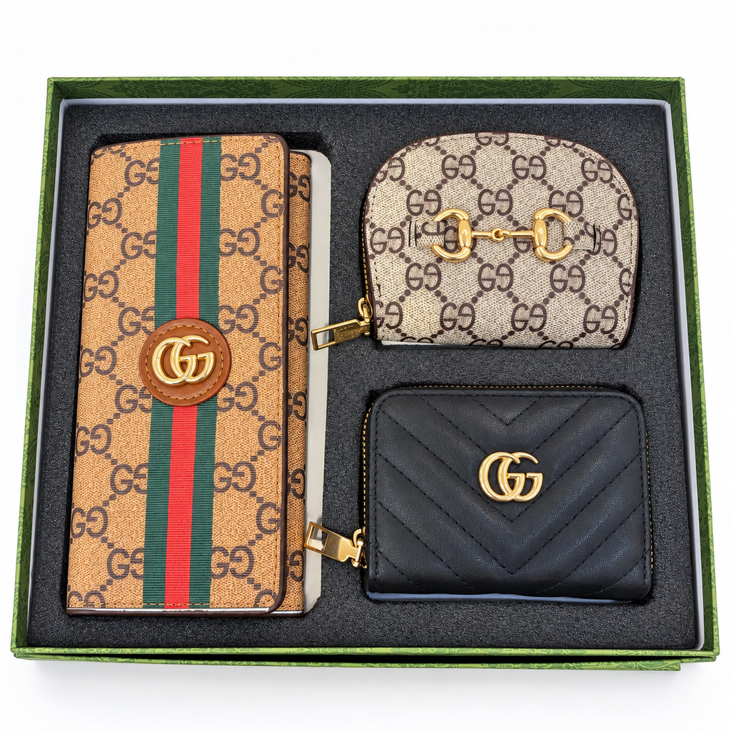 طقم محافظ غوتشي أسود وتان — ٣ قطع
Gucci Black & Tan Wallet Set — 3 Pieces