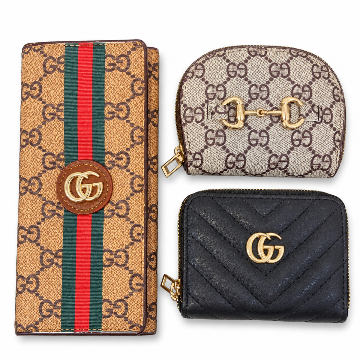 طقم محافظ غوتشي أسود وتان — ٣ قطع
Gucci Black & Tan Wallet Set — 3 Pieces