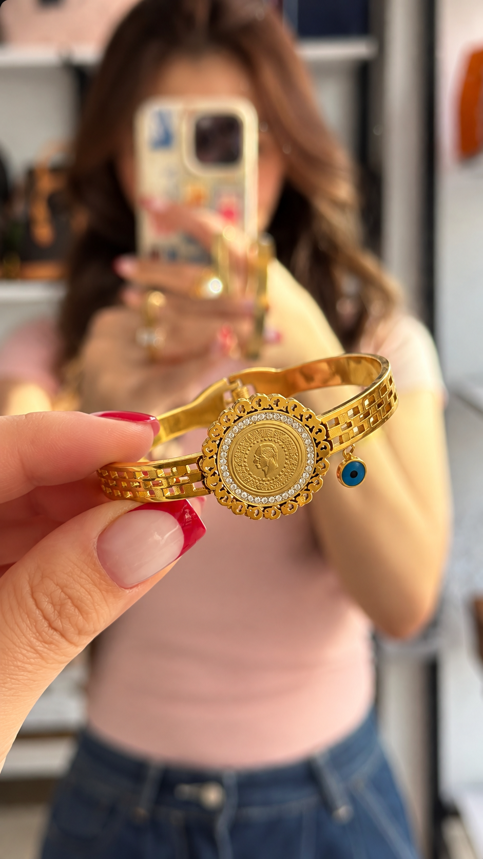 أسوارة الليرة والعين الزرقاء Gold-Tone Coin &amp; Blue Eye Bangle