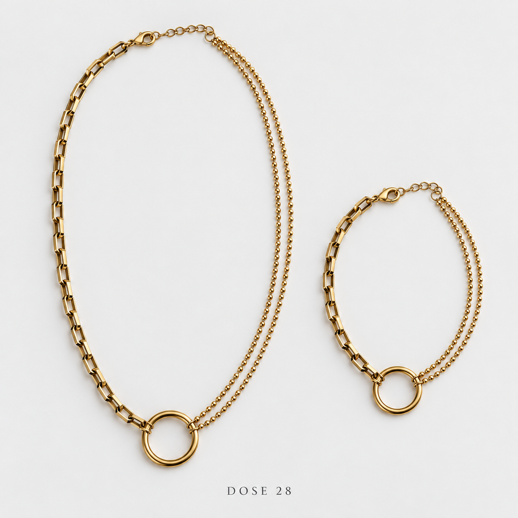 Mixed-Chain Circle Necklace Bracelet Set طقم الدائرة بالسلاسل المزدوجة
