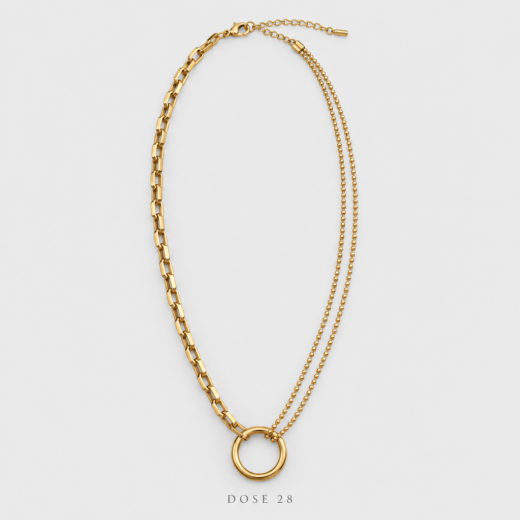 Mixed-Chain Circle Necklace Bracelet Set طقم الدائرة بالسلاسل المزدوجة
