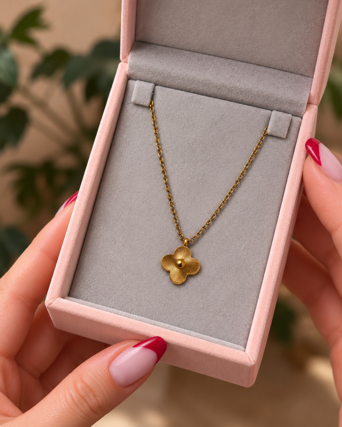 Antique Gold-Tone Four-Petal Flower Necklace قلادة بزهرة رباعية البتلات بلون ذهبي معتّق