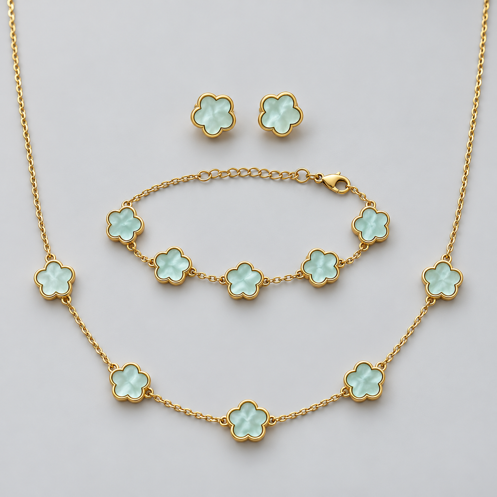 Mint Blue Floral Necklace, Bracelet &amp; Earring Set — Gold-Tone طقم قلادة وسوار وأقراط بزهور مائلة للأزرق وتفاصيل ذهبية