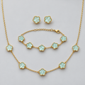 Mint Blue Floral Necklace, Bracelet &amp; Earring Set — Gold-Tone طقم قلادة وسوار وأقراط بزهور مائلة للأزرق وتفاصيل ذهبية