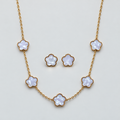 Pearly White Flower Necklace &amp; Stud Earring Set — Gold-Tone  طقم قلادة وأقراط بزهور بيضاء لؤلؤية وتفاصيل ذهبية