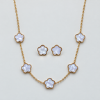 Pearly White Flower Necklace &amp; Stud Earring Set — Gold-Tone  طقم قلادة وأقراط بزهور بيضاء لؤلؤية وتفاصيل ذهبية