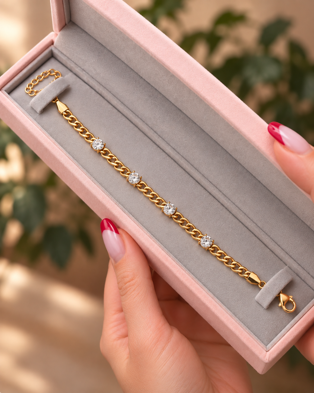 Gold-Tone Curb Chain Bracelet with Four Clear Stones سوار بسلسلة مترابطة بلون ذهبي وأربعة أحجار شفافة