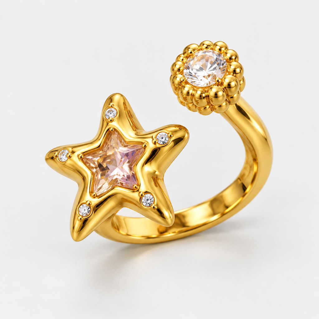 محبس النجمة الوردية Golden Frame Geometric Ring