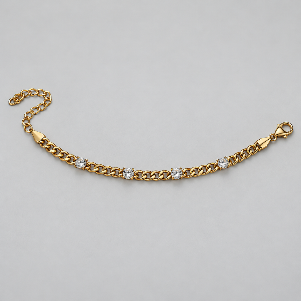 Gold-Tone Curb Chain Bracelet with Four Clear Stones سوار بسلسلة مترابطة بلون ذهبي وأربعة أحجار شفافة