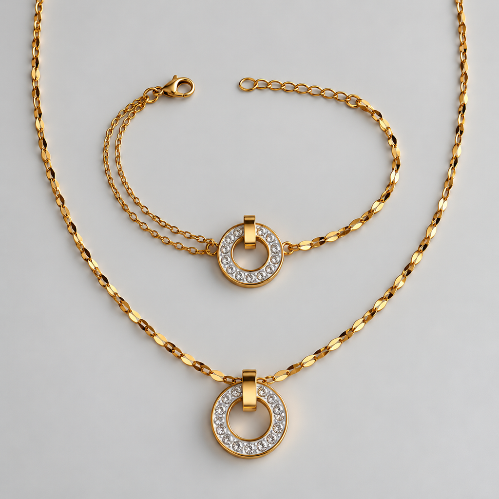 Gold-Tone Sparkling Circle Necklace &amp; Bracelet Set طقم قلادة وسوار بدوائر براقة بلون ذهبي