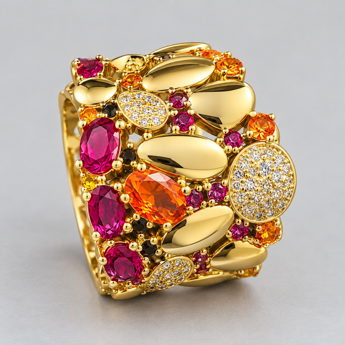 Gold-Tone Statement Ring with Pink and Orange Stones خاتم عريض بلون ذهبي مزين بأحجار وردية وبرتقالية