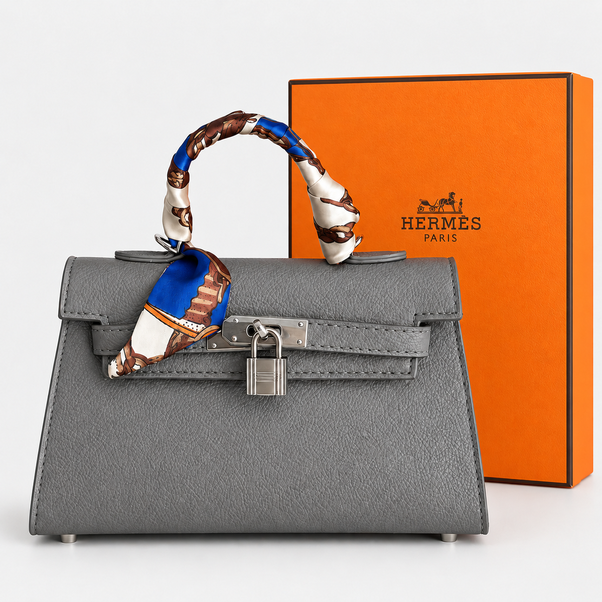 جنطة هيرمس ستايل ميني كيلي ويا سكارف — رمادي Hermès Mini Kelly-Style Bag with Scarf — Grey
