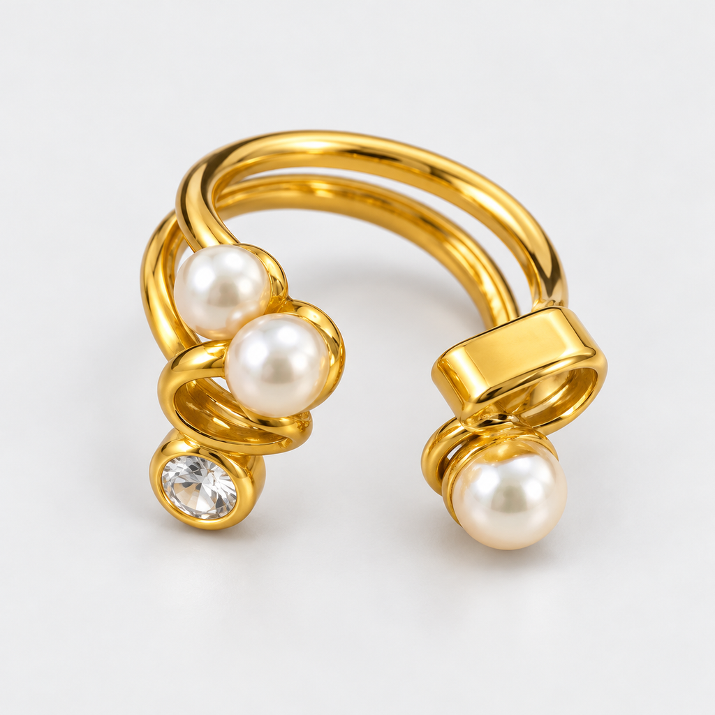 Pearl Curve Double Band Ring محبس انحناءة اللؤلؤ المزدوج